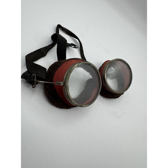 Antique 1930s Fur Lined Motorcycle Aviation Goggles Orange Vintage main image 5